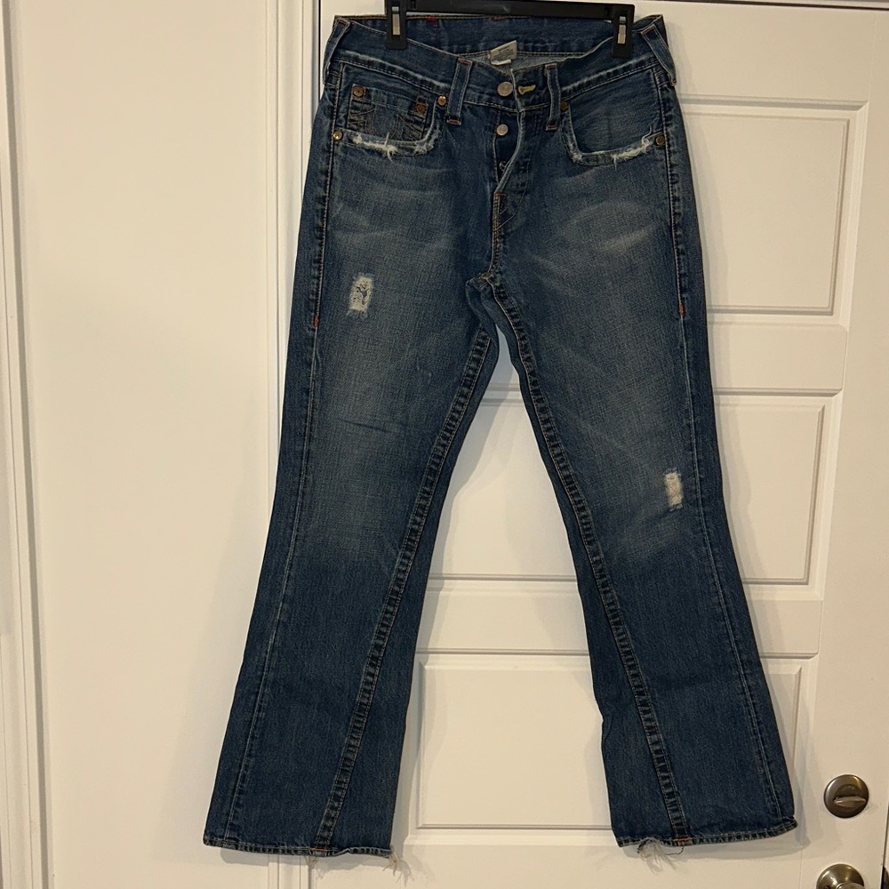 True Religion Men's Bootcut Jeans - Distressed Blue
